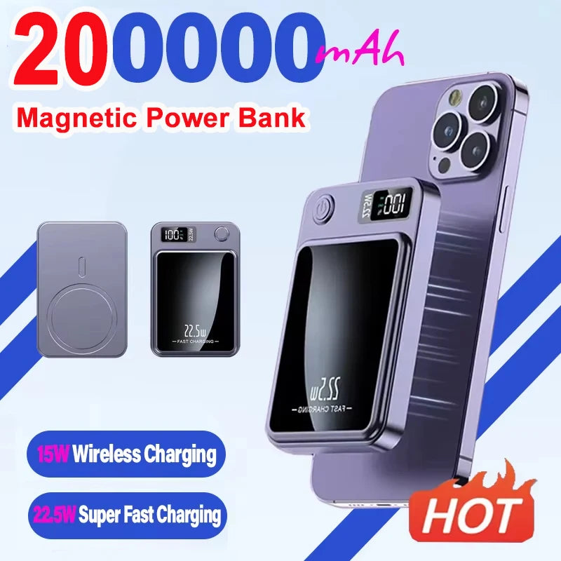 200000mAH Power Bank Magnetic Wireless 22.5W Ultra Capacity Super Fast Charging Magnetic Power Bank For Iphone16 Samsung Xiaomi