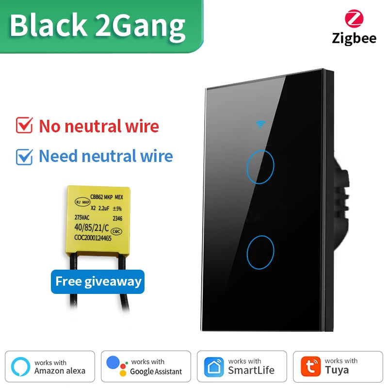 Tuya US WiFi+Bluetooth Smart Switches No Neutral Wire Required 1/2/3/4 Gang Light WiFi Touch Switch Work with Alexa Google Home