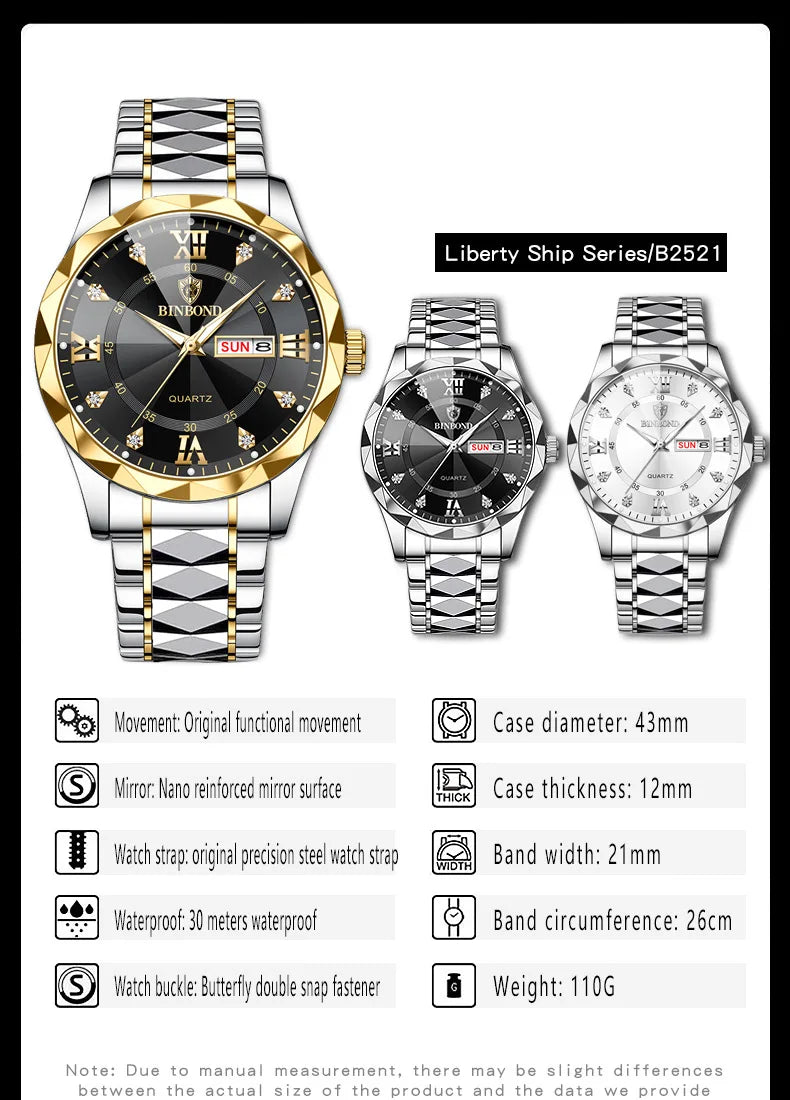 BINBOND Top Brand Luxury Fashion Watch Men Waterproof Week Date Clock Sport Watch Men Quartz Wristwatch Relogio Masculino B2521