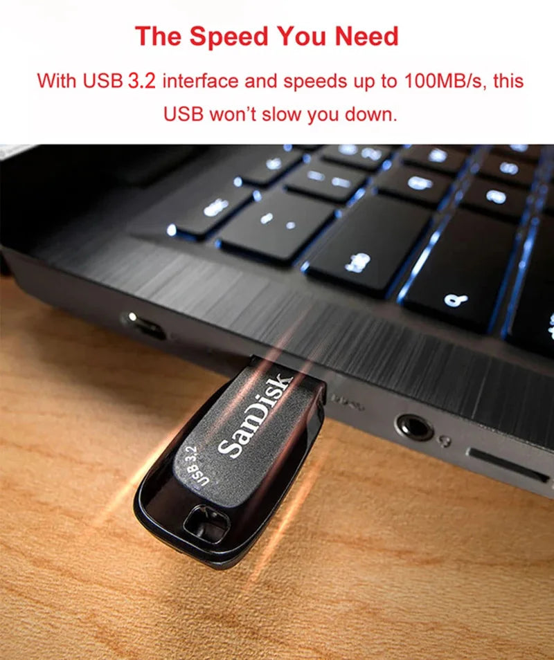 SanDisk USB 3.2 USB Flash Drive 64GB Pen Drive Memory Stick CZ410 Preto U Disco Mini Pendrive