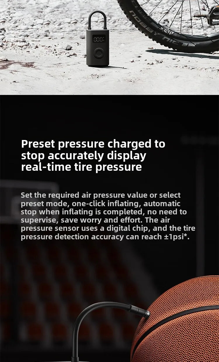 Xiaomi Mijia Air Pump 2 Car Inflator Car Bicycle Inflator Tire Pressure Detection Preset Pressure 150Psi 2000Mah Rechargeable