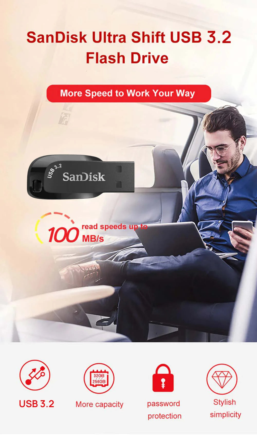 SanDisk USB 3.2 USB Flash Drive 64GB Pen Drive Memory Stick CZ410 Preto U Disco Mini Pendrive