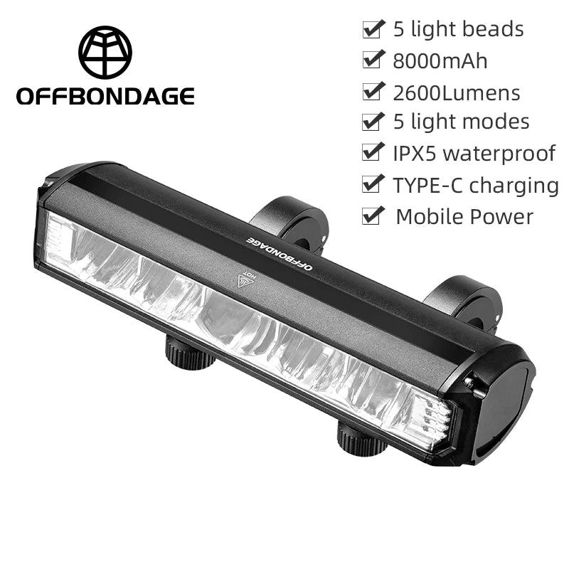 OFFBONDAGE Bicycle Light Front 2600Lumen Bike Light 8000mAh Waterproof Flashlight USB Charging MTB Road Cycling Lamp Accessories