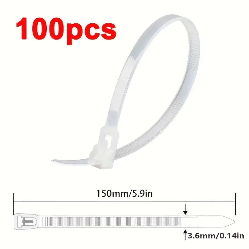 100Pcs Reusable Nylon Cable Ties 3.6x150mm, Lock Loop, Removable, Mixed Colors(Black&White) for Home Office Organization